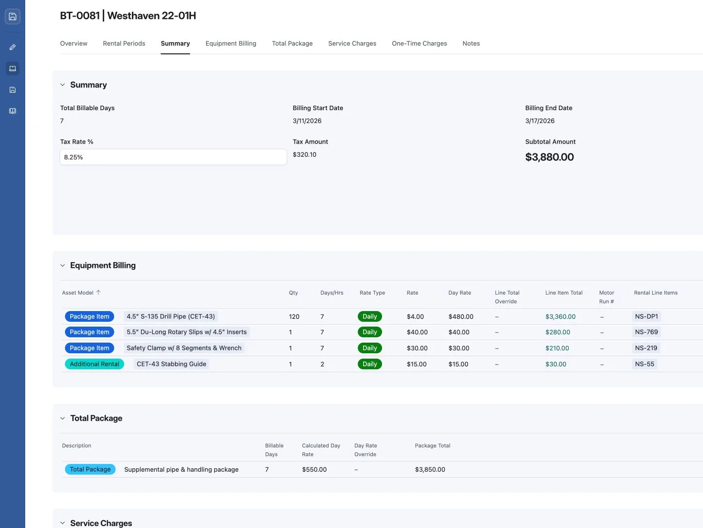 Billing ticket in Airtable with equipment billing lines, rental days and totals, shown with sample data