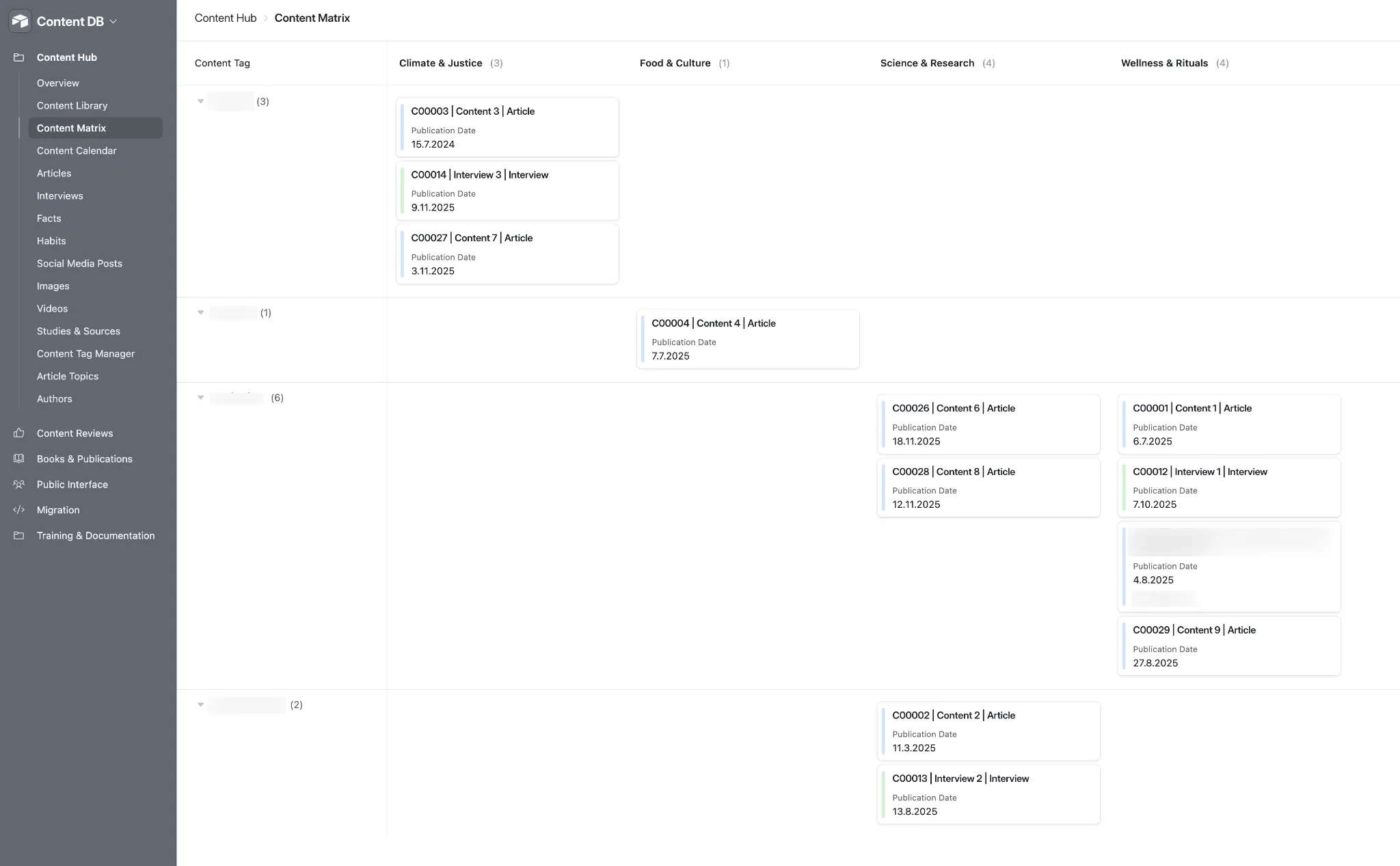 Content matrix in Airtable with content cards grouped by theme