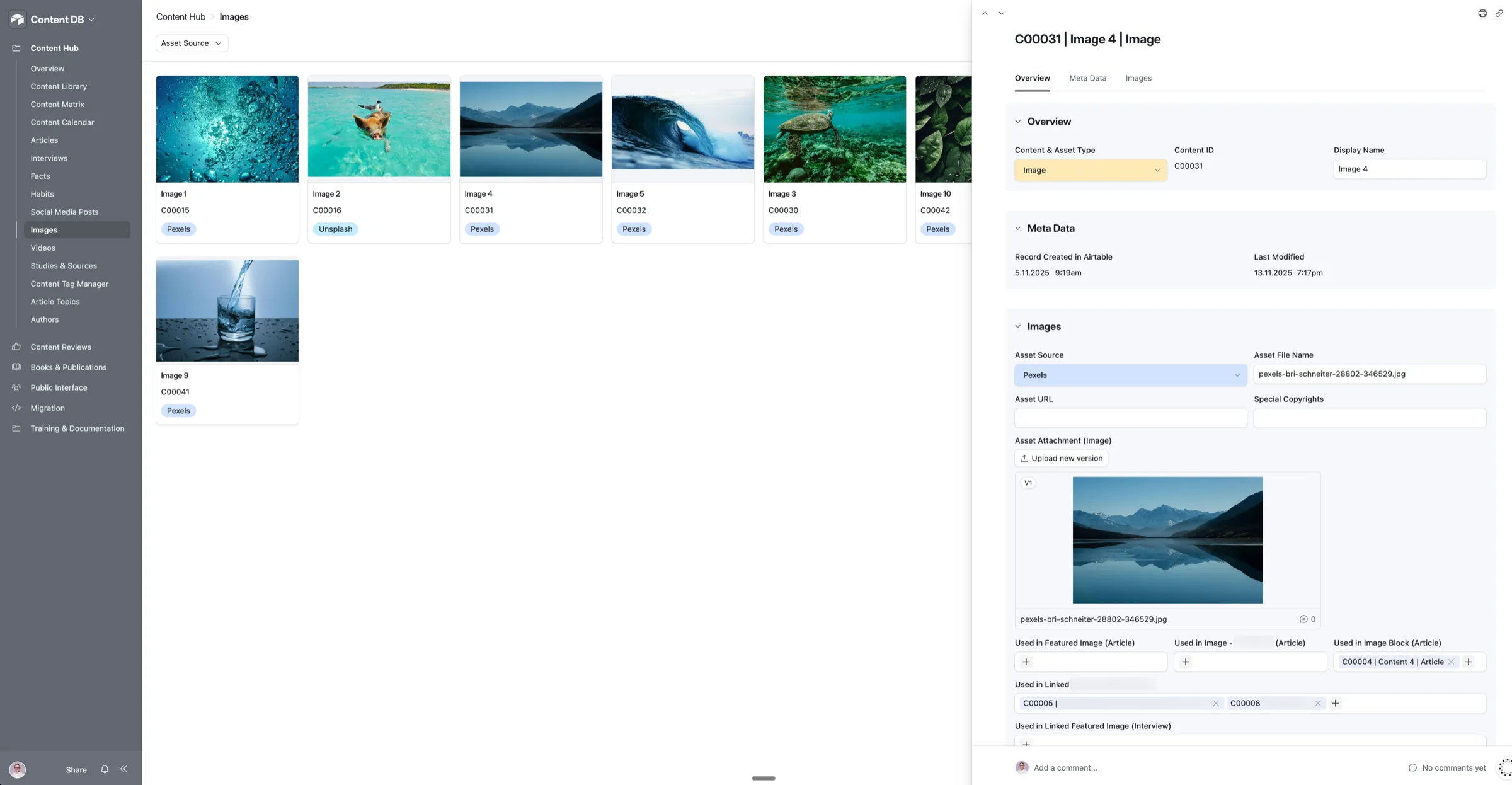 Image library in Airtable with an image record and the content it is used in