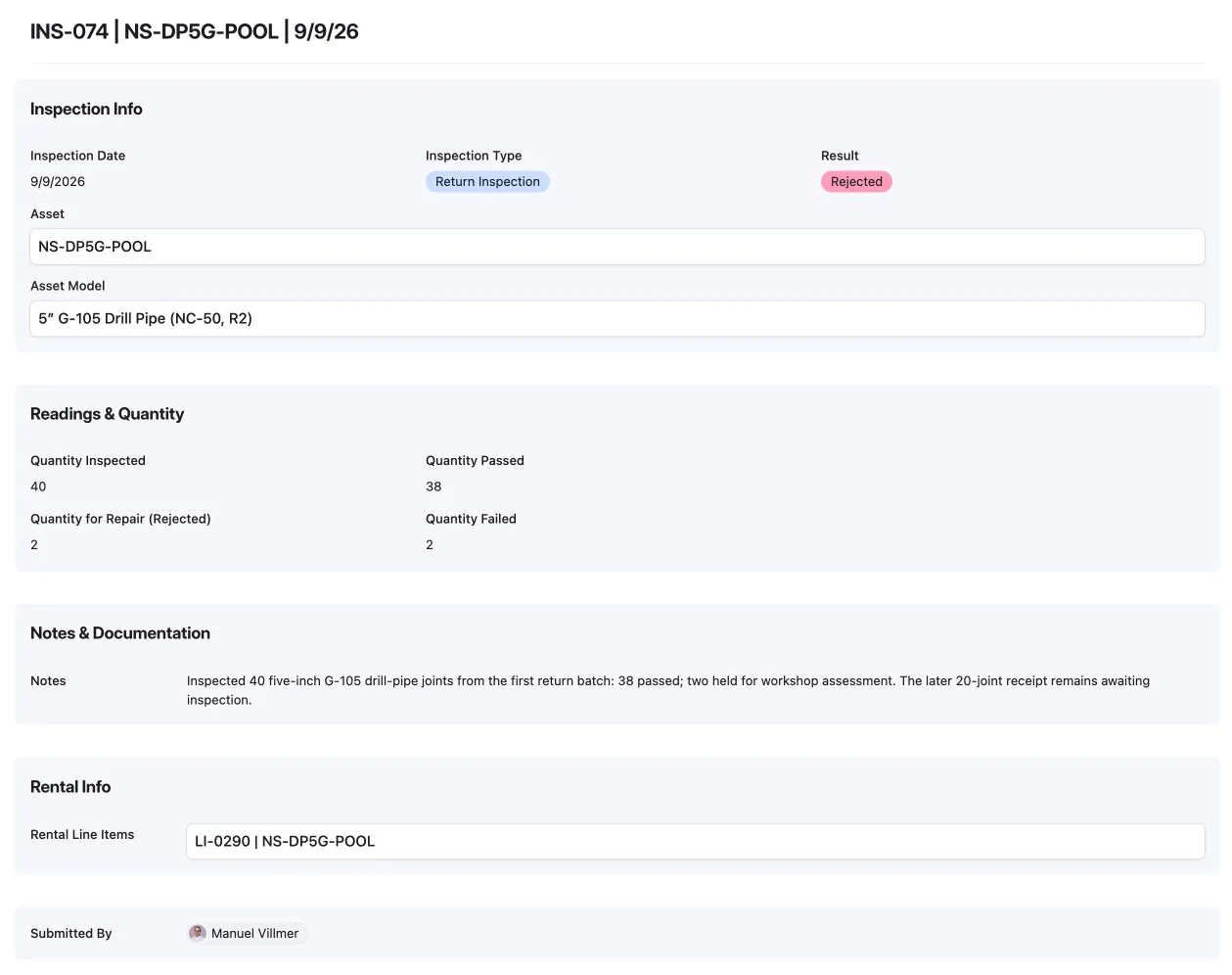 Return inspection record in Airtable with passed and rejected quantities and notes