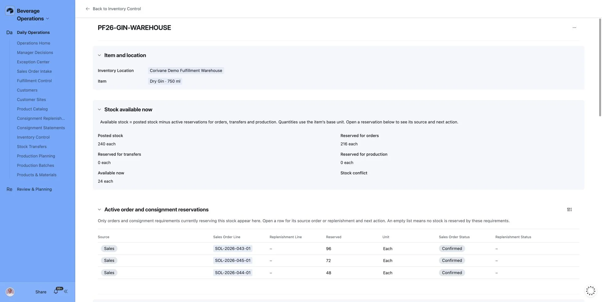 Warehouse stock record in Airtable with posted, reserved and available quantities