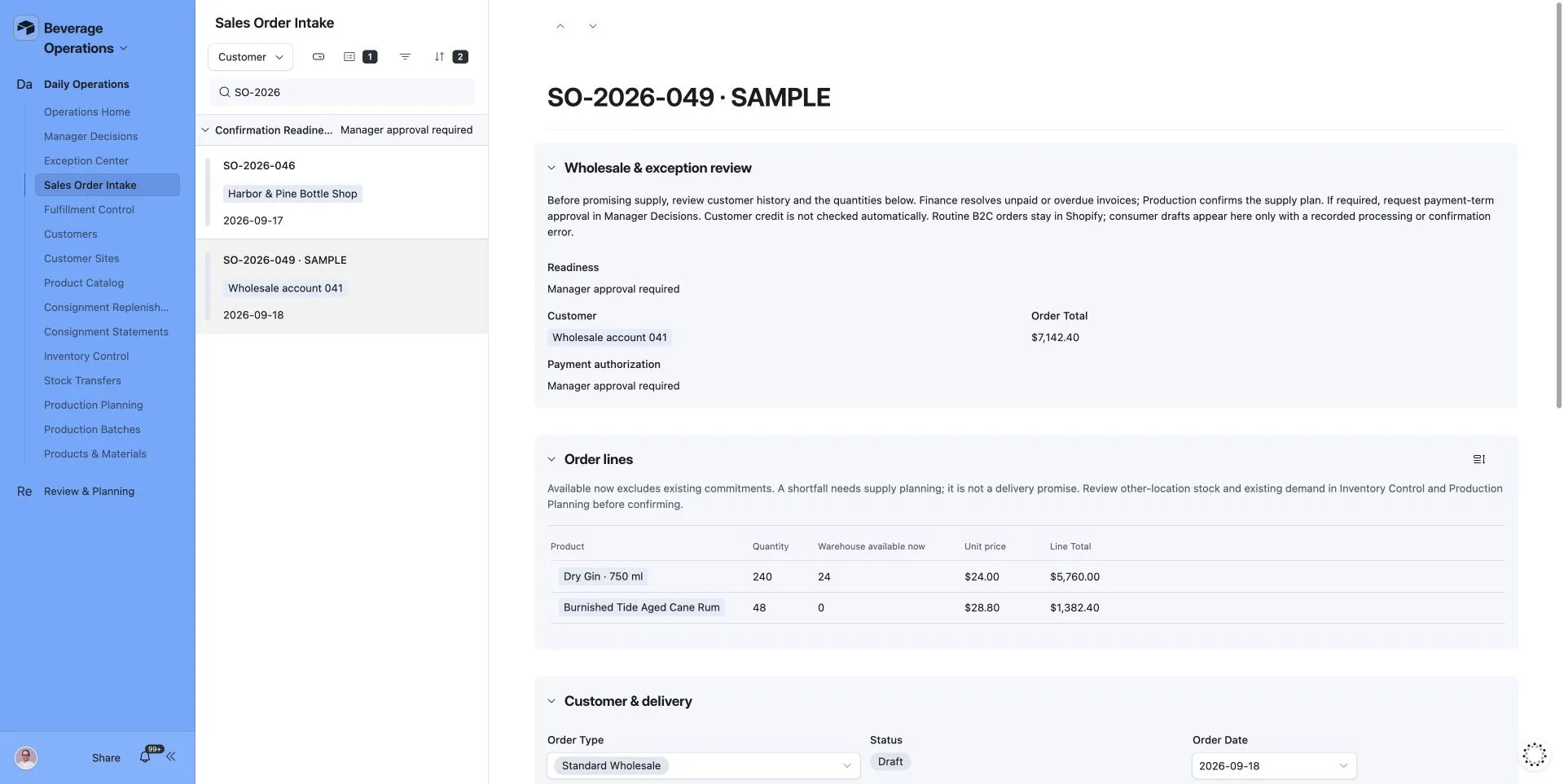 Wholesale order review in Airtable with order lines and a stock shortfall