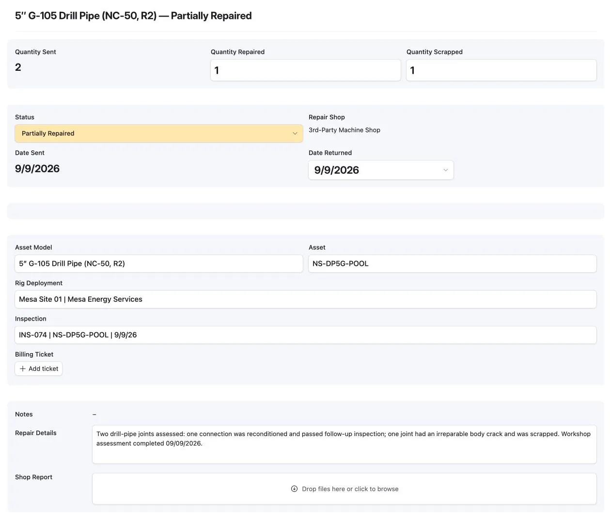 Repair record in Airtable showing one unit repaired and one scrapped